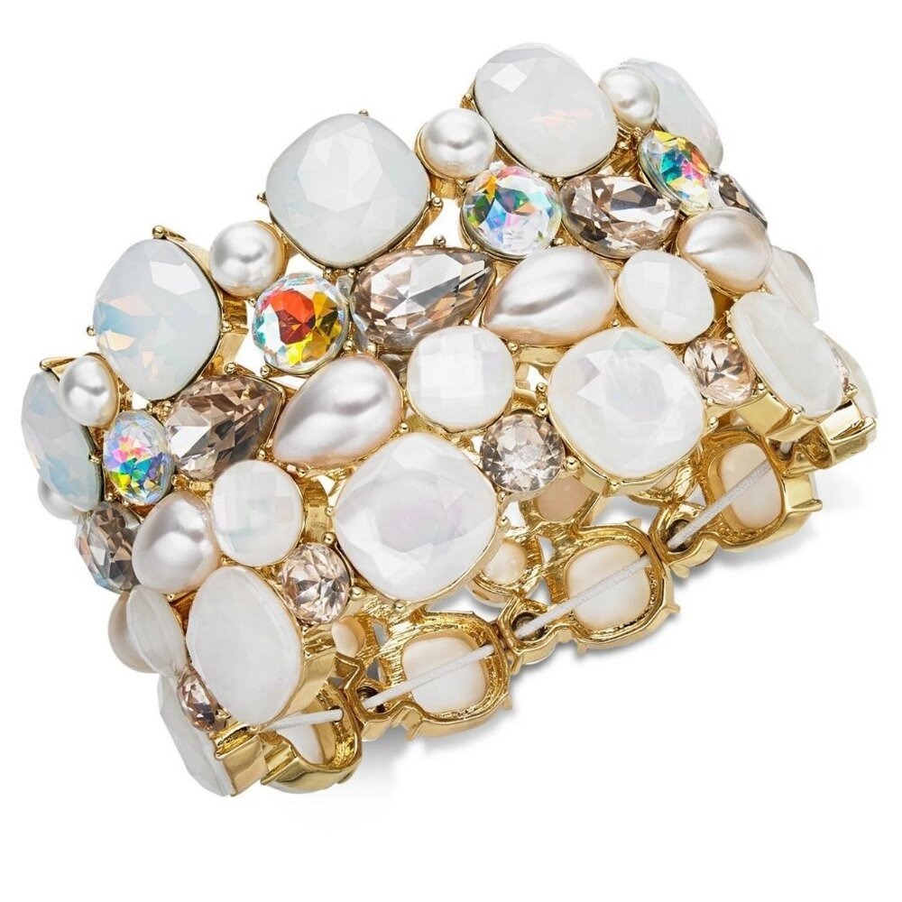 INC GoldTone Faux Pearl Crystal White Stone Cluster Stretch Bracelet New w/ Tags